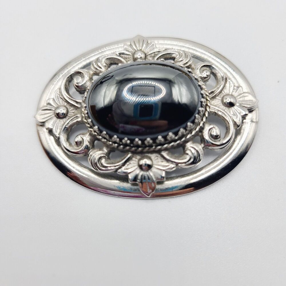 WHITING & DAVIS Pin Brooch Oval Hematite Cabochon Silvertone Filigree Unsigned